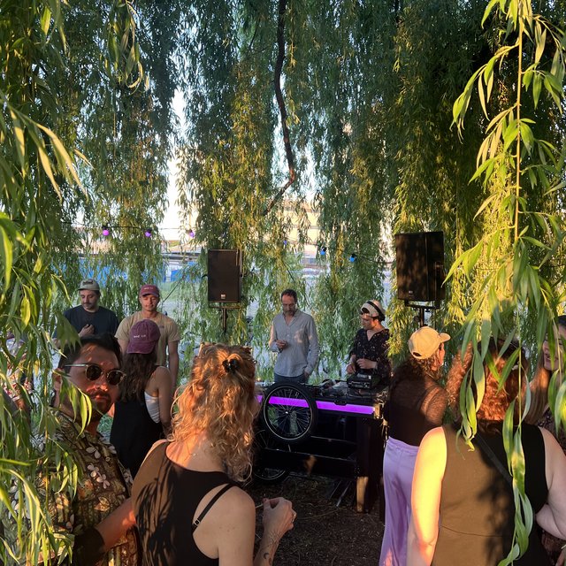 Tanzen mit DJ Shaka und Flamingo. Nomatark Solar-Stage unter der Trauerweide im Saint-Louis-Park bei Basel.