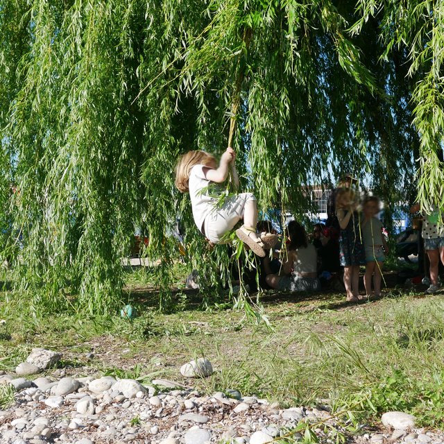 Kinder schwingen an der Trauerweide während einer Solar-Party von Nomatark.